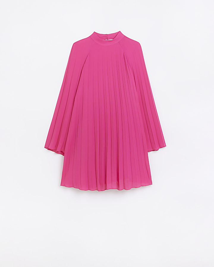 Pink pleated long sleeve mini dress