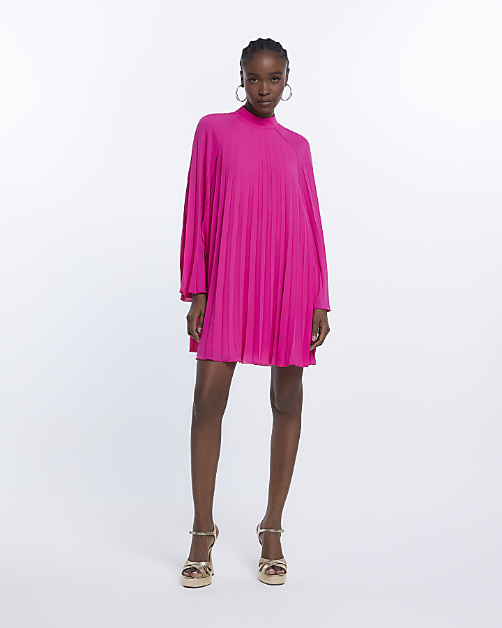 Pink pleated long sleeve mini dress