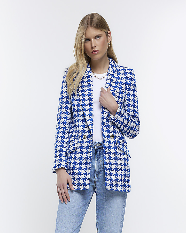 Blue dogtooth boucle blazer