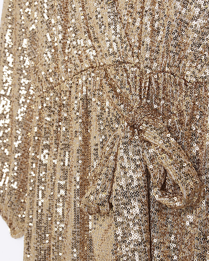 Gold sequin long sleeve wrap dress