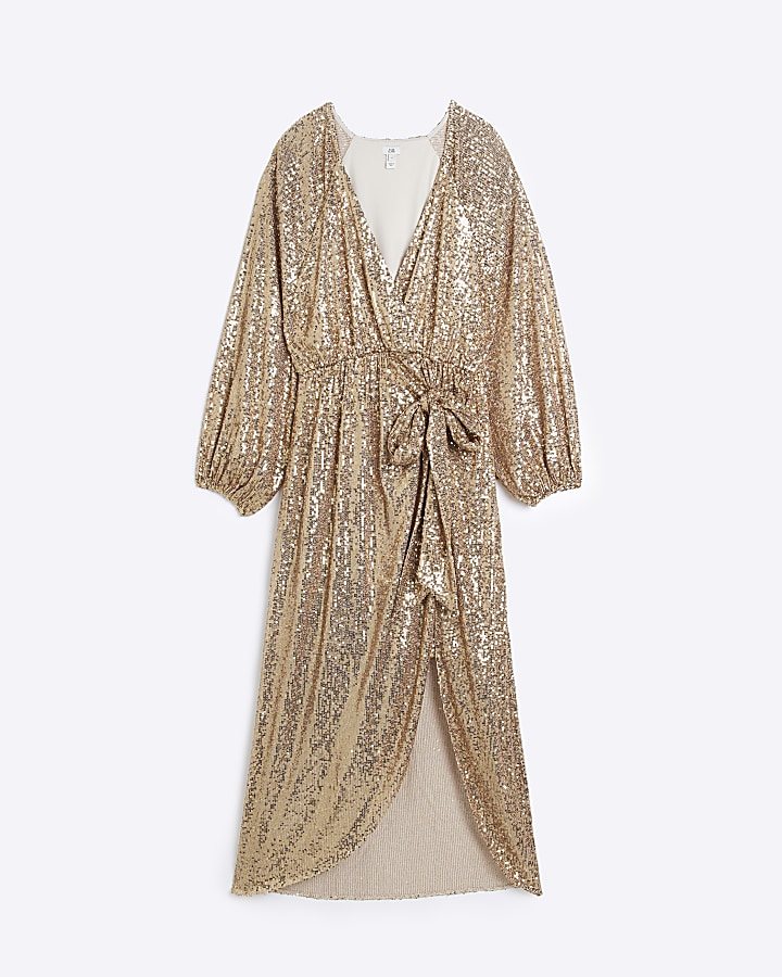Gold sequin long sleeve wrap dress