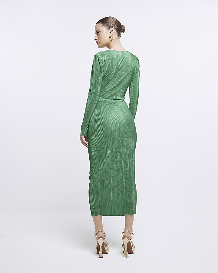 Green plisse wrap bodycon midi dress