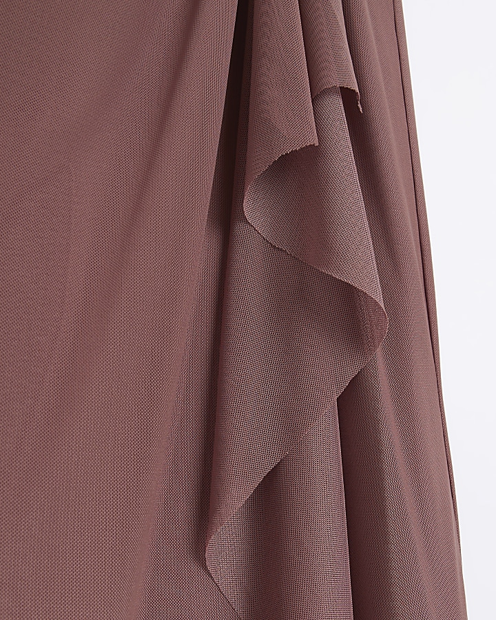 Brown mesh drape ruched midi skirt