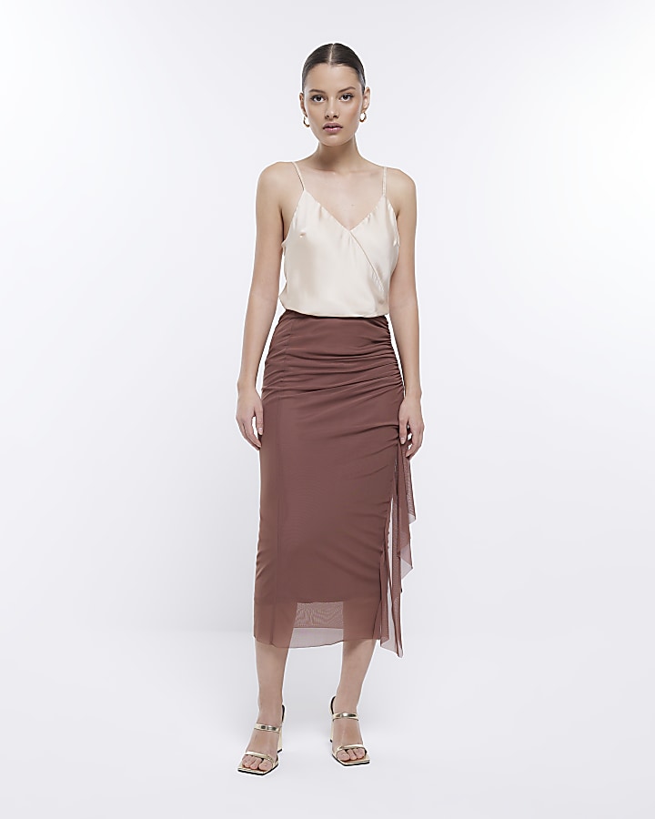 Brown mesh drape ruched midi skirt