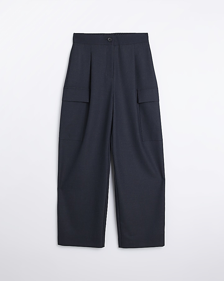 Navy pinstripe wide leg cargo trousers