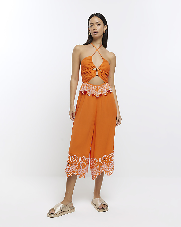 Orange halter neck cut out jumpsuit