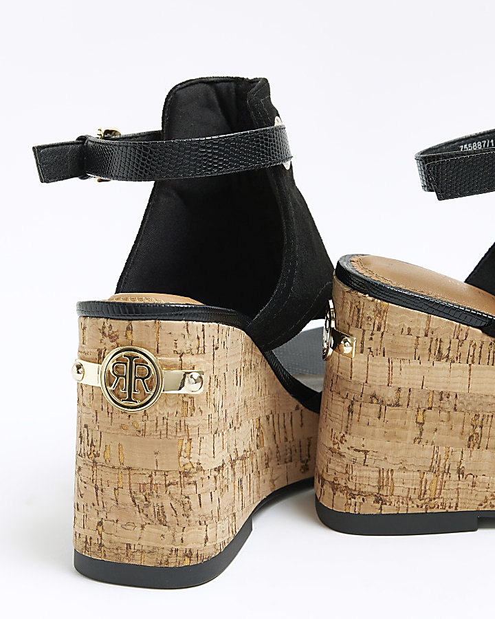 Black wide fit wedge heeled sandals