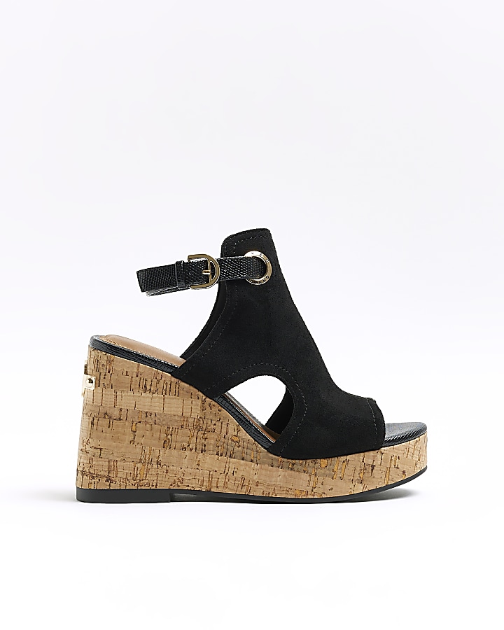 Black wide fit wedge heeled sandals