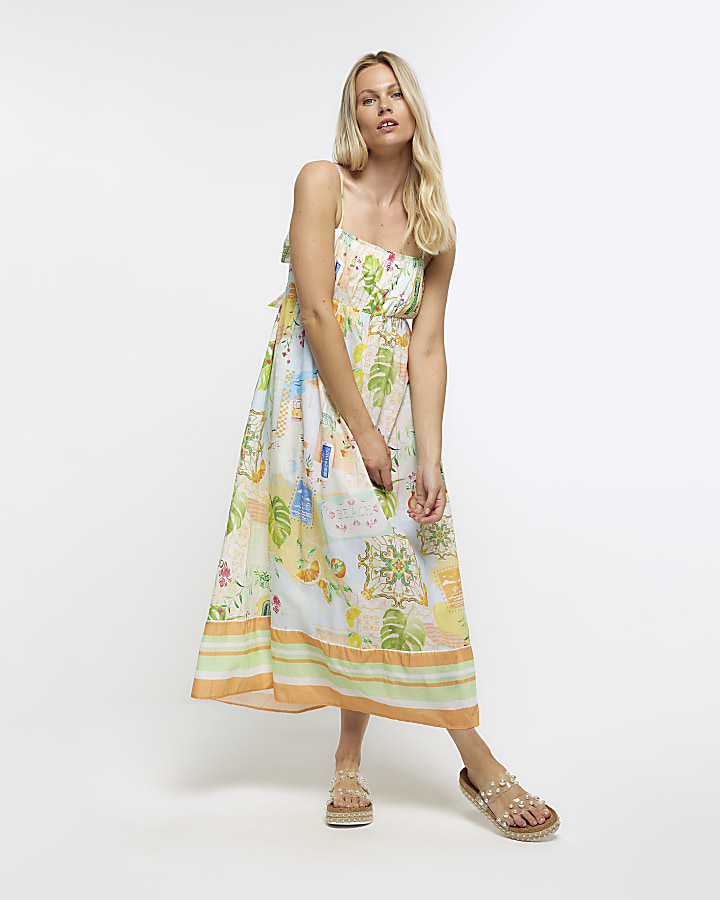 Orange Tropical print cami maxi dress