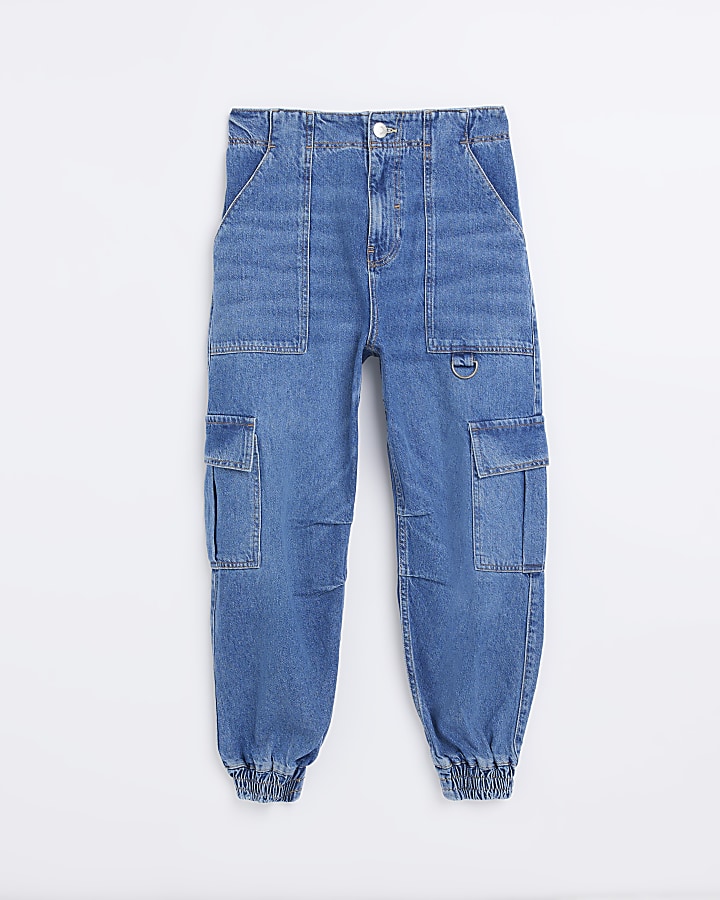 Petite blue high waisted cargo jeans | River Island