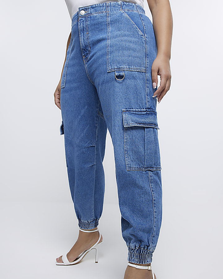 Plus blue high waisted cargo jeans | River Island