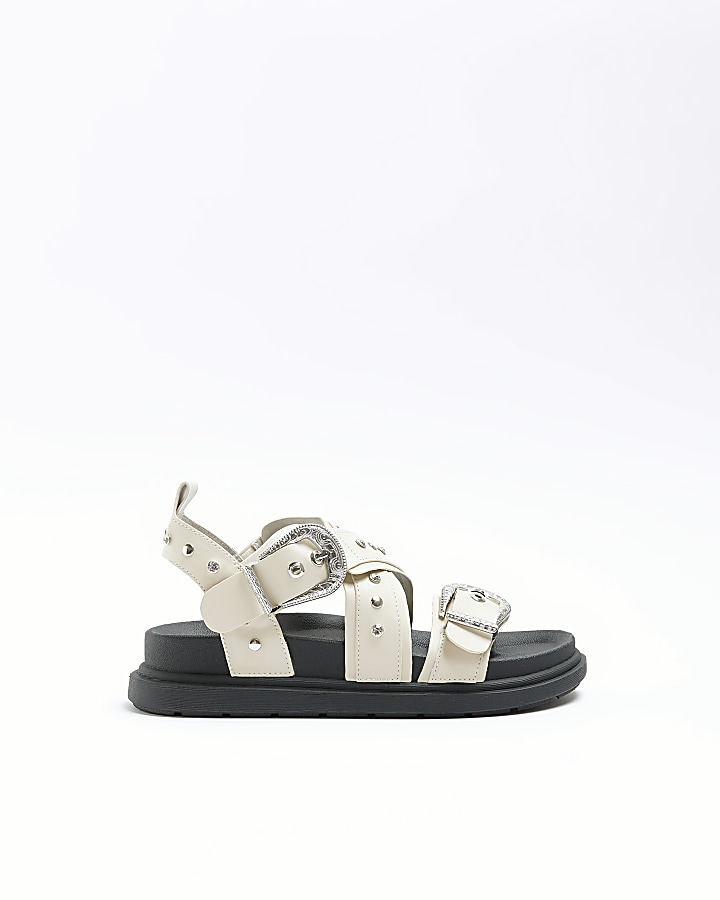 Cream studded buckle sandals | River Island