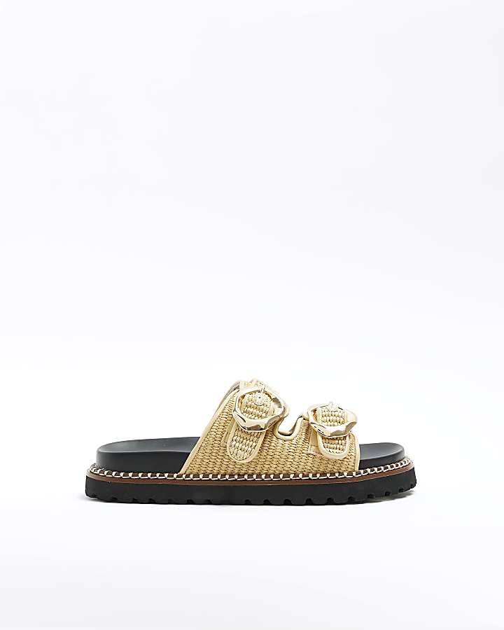 Cream raffia double buckle sliders River Island