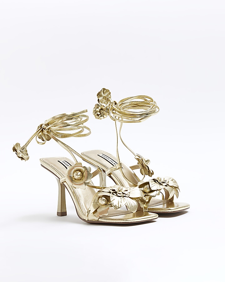 Gold flower tie up heeled sandals | River Island