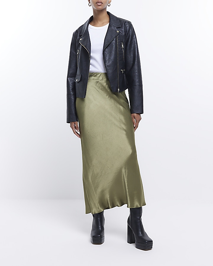 Khaki satin maxi skirt