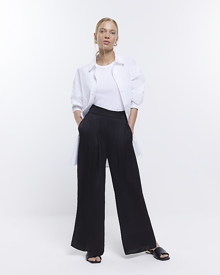 Petite black wide leg on sale trousers