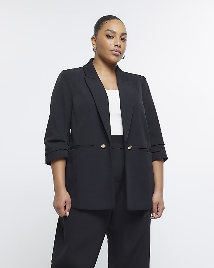 Plus Black Pleated Sleeve Blazer | River Island