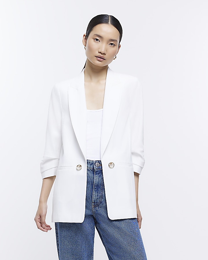 White ruched sleeve blazer