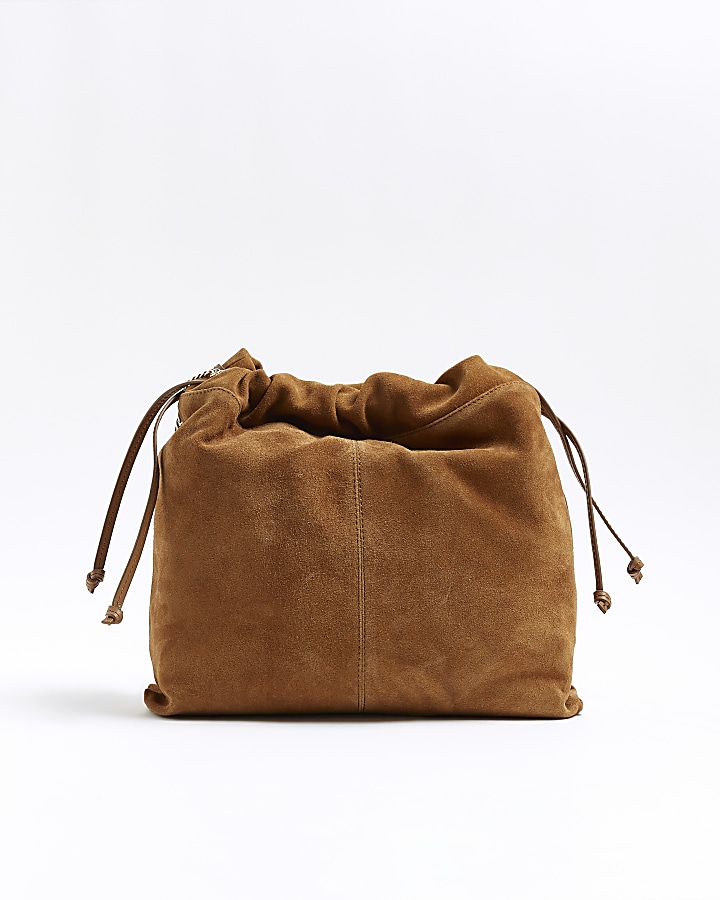 Brown suede drawstring shoulder bag