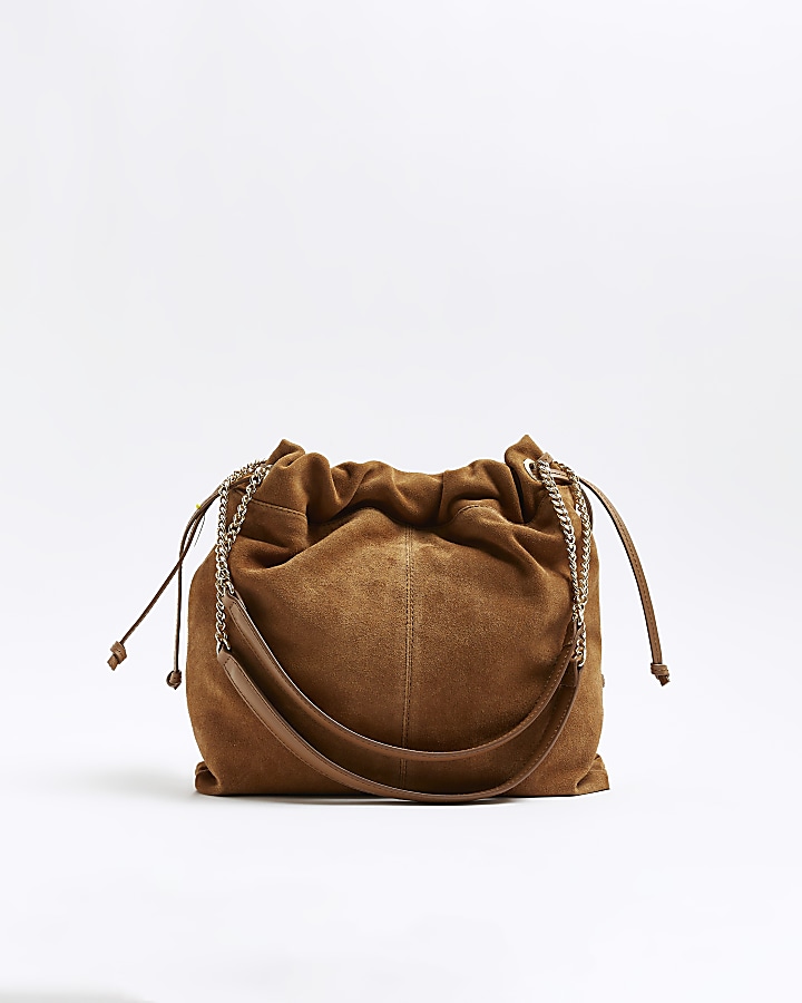 Brown suede drawstring shoulder bag