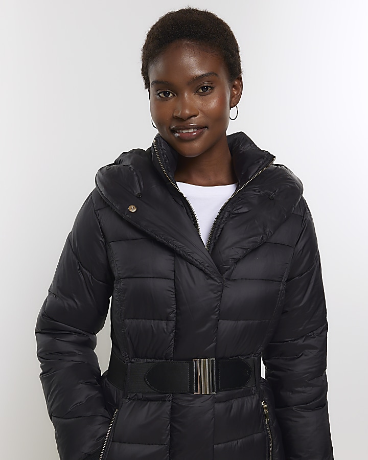 Black belted padded longline coat River Island