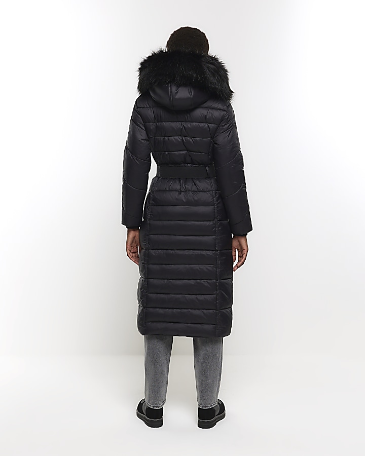Black belted padded longline coat