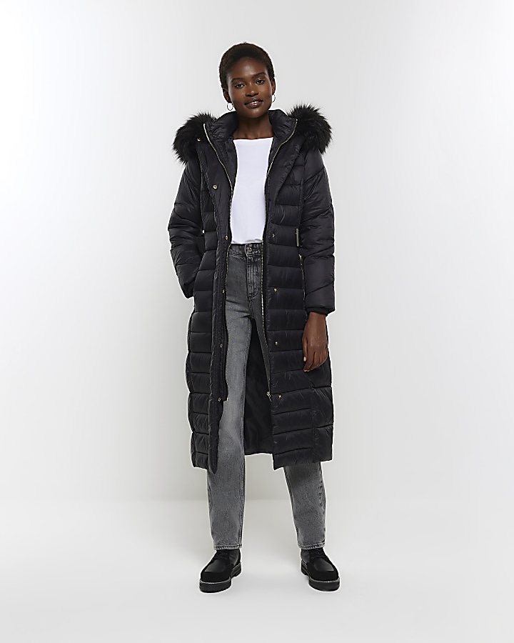 Black belted padded longline coat