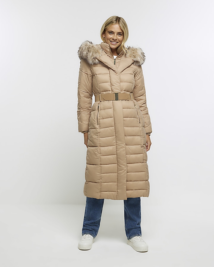 Brown belted padded longline coat