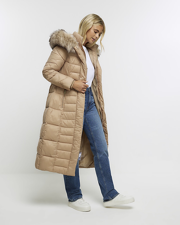 Brown belted padded longline coat River Island