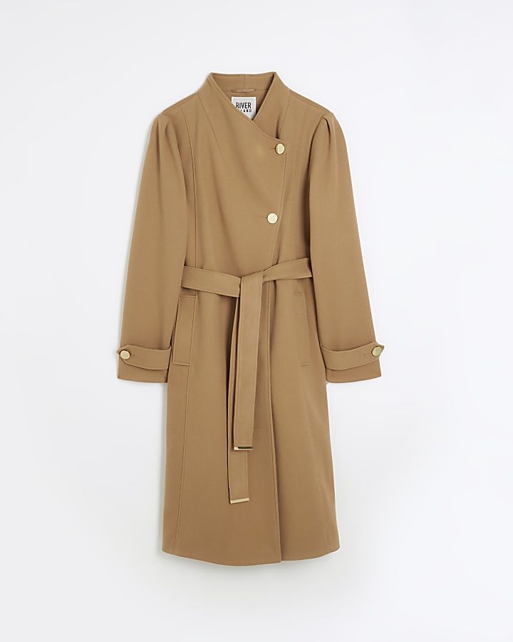 Brown belted wrap coat | River Island