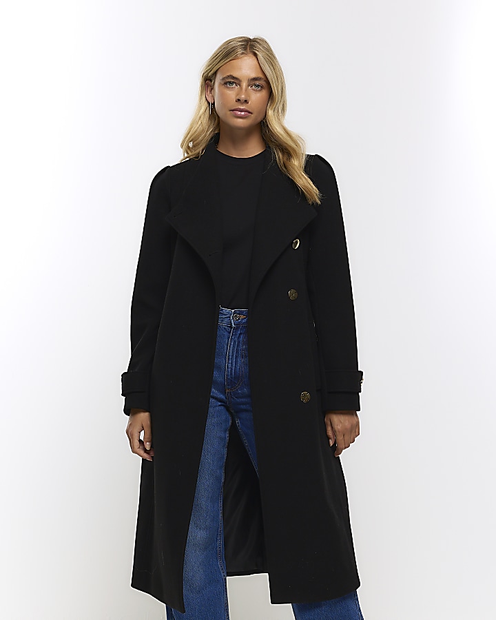 River island black store belted coat