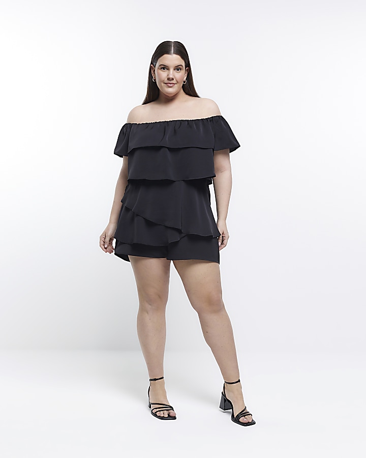 Plus black layered bardot playsuit