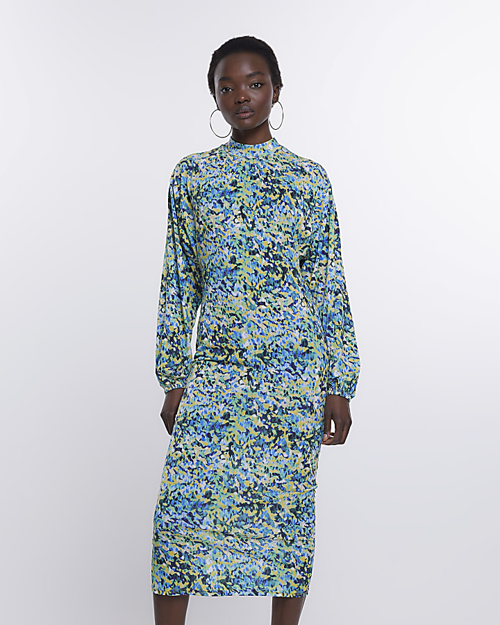 Blue floral long sleeve midi dress | River Island