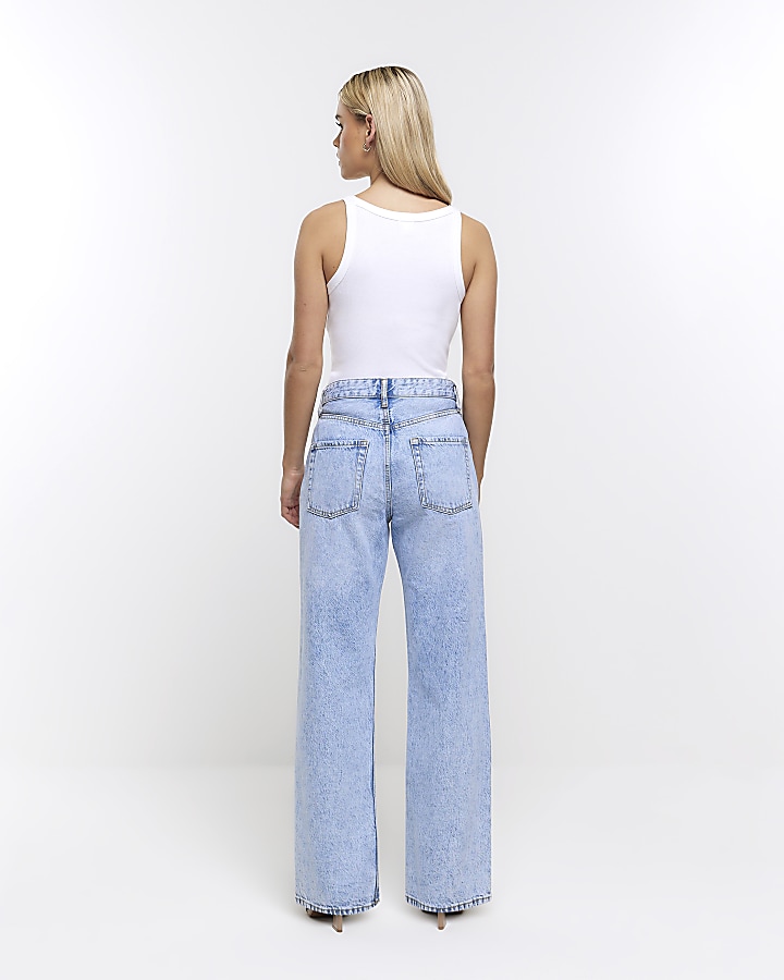Petite blue straight mid rise jeans | River Island