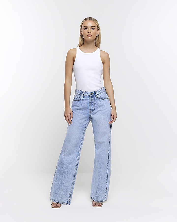 Petite blue straight mid rise jeans | River Island