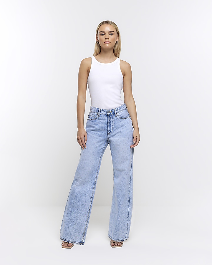 Petite blue straight mid rise jeans