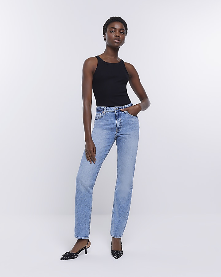 Blue high waisted straight leg jeans