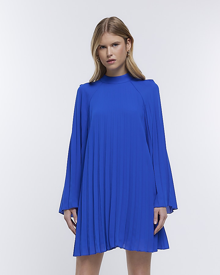 Blue long sleeve swing mini dress | River Island