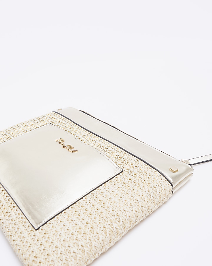 Gold metallic raffia clutch bag