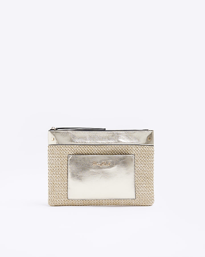 Gold metallic raffia clutch bag