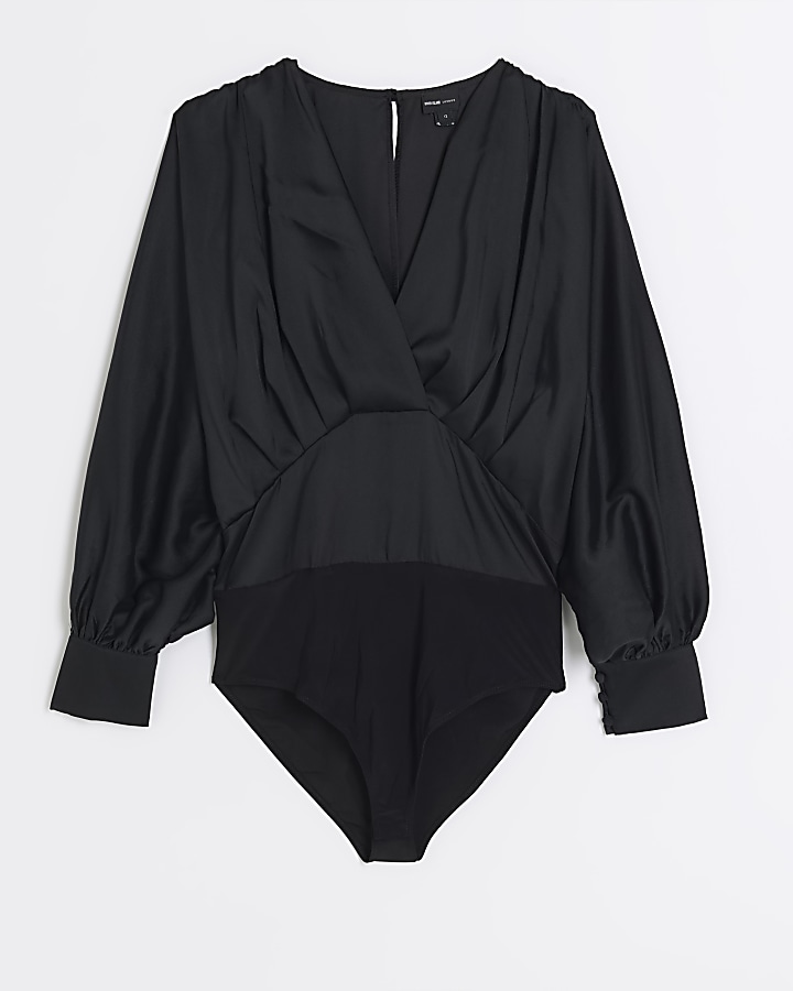 Black satin batwing sleeve bodysuit