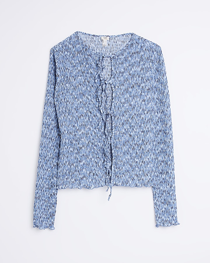 Blue long sleeve tie front blouse