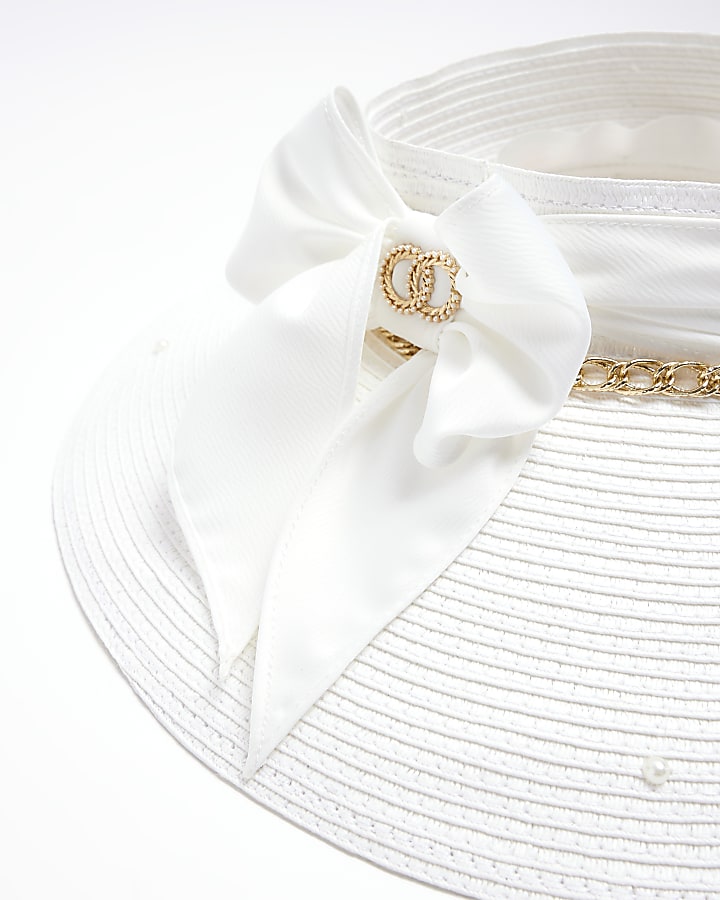White bow straw visor hat
