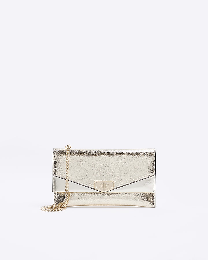 Gold metallic chain strap clutch bag