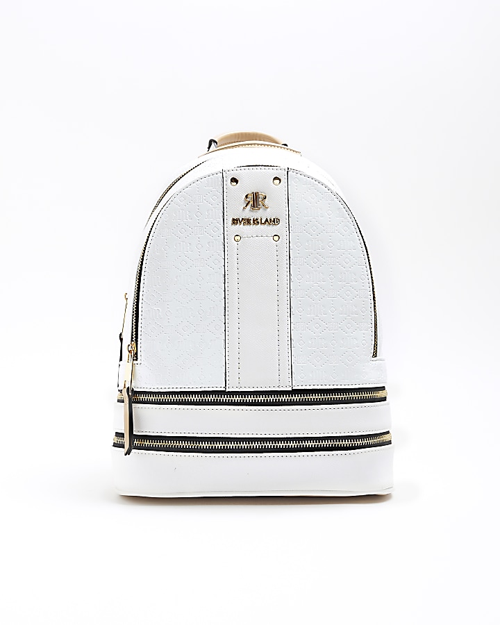 White RI embossed patent backpack