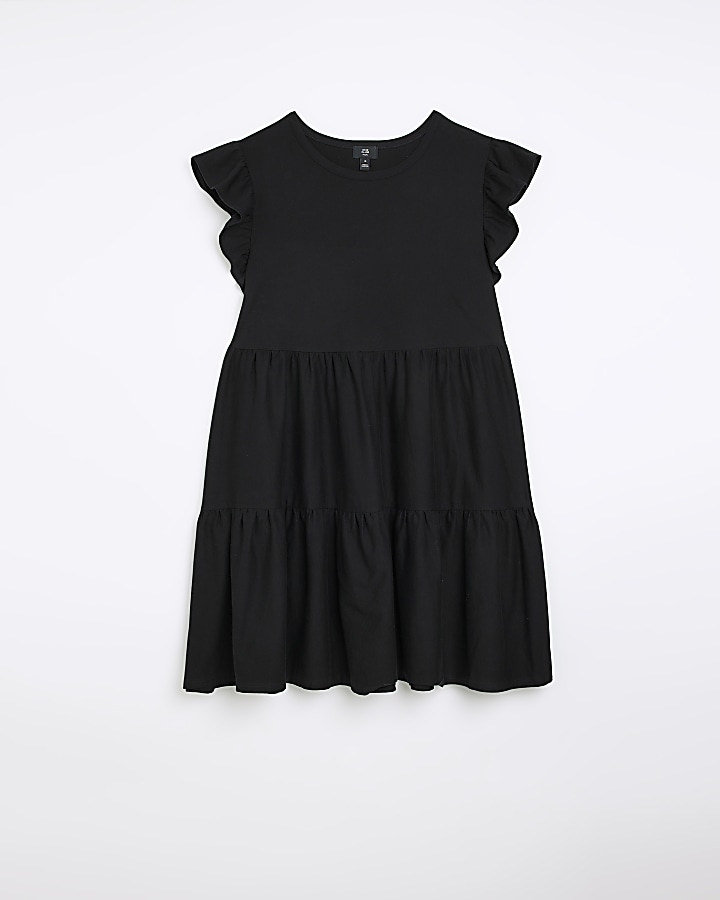 Plus black frill sleeve smock mini dress