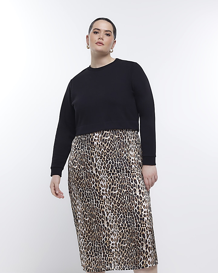 Plus black leopard sweatshirt midi dress