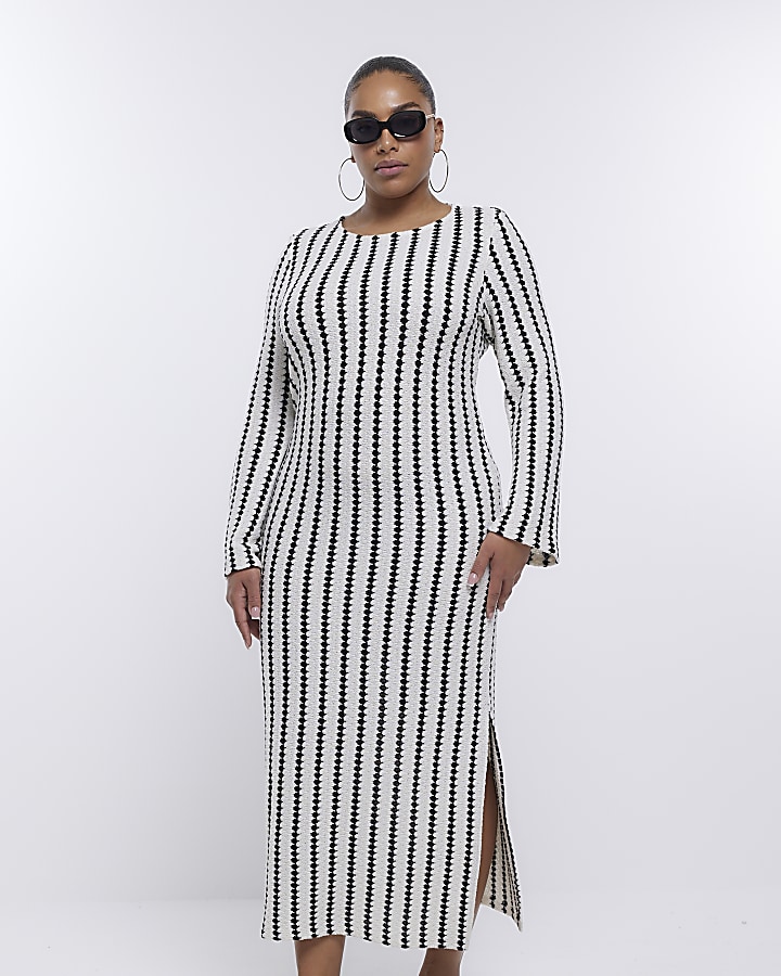 Plus cream stripe bodycon midi dress | River Island