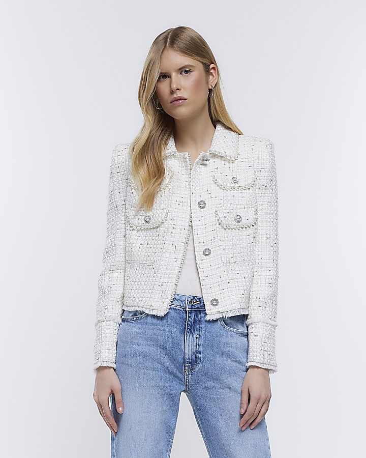 Cream boucle pearl embellished blazer