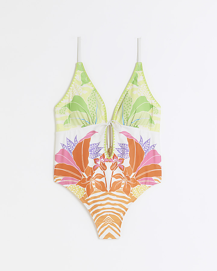 Green tropical print plunge swimsuit